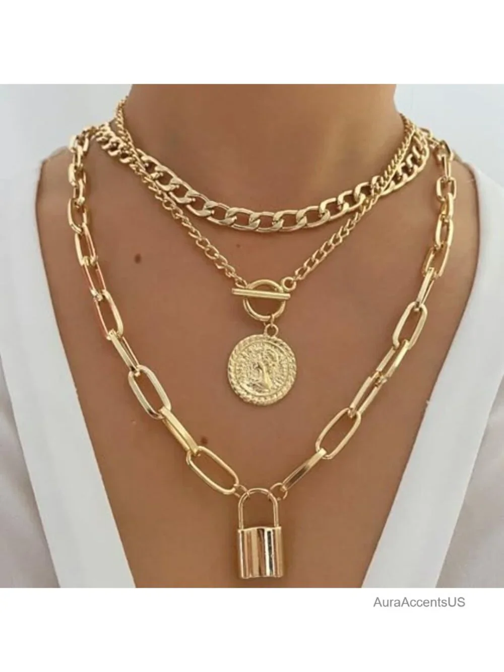 Layered Necklace Set for Women Chunky Gold Tone Coin Pendant Chain Necklace